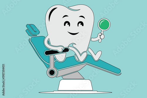 A cartoon tooth character sitting on a green dental chair with a magnifying glass