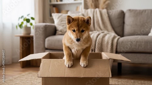 Cute Shiba Inu Puppy Inside a Cardboard Box in Cozy Living Room