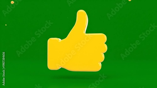 Bright animated yellow hand thumbs up emoji on vibrant green background with liquid splash elements