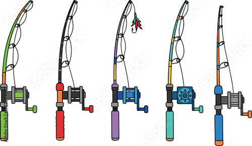 Colorful vector fishing rod set with spinning reels and tackle for outdoor recreation sport fishing equipment catalog and summer vacation hobby graphic design.