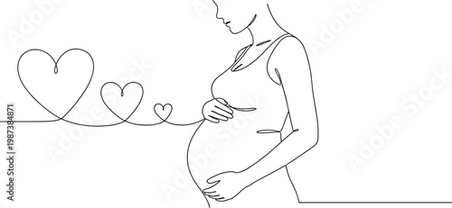 Minimalist continuous line art drawing of a pregnant woman with decorative hearts for Mother’s Day, pregnancy announcement, prenatal care branding, and elegant maternity celebration designs.
