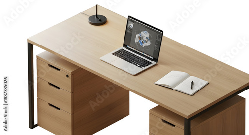 Contemporary light wood isometric desk with open laptop displaying industrial 3D model design, minimalist desk lamp, open sketchbook with pen, and two drawer units, isolated on white