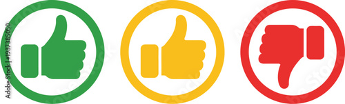 Like dislike neutral thumb icon set, minimalist flat vector symbols in green yellow and red for user feedback system rating approval and response classification design.