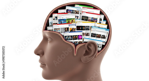 Human head anatomical profile cutaway showing brain cavity organized with a structure of web browser windows and pages, curated information concept, isolated on white,