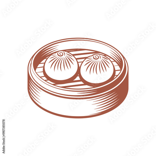 A vintage style illustration depicts two dim sum dumplings in a bamboo steamer