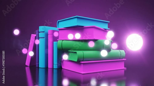 Creative 3D animation of vibrant colorful books with glowing light effects on dark purple background