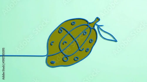 Creative Blue Line Illustration of a Lemon with Shading and Hand-Drawn Details on a Light Green Background