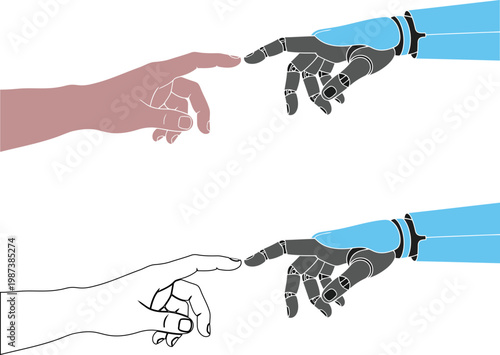 A creative illustration of human and robotic hands reaching out to each other in a symbolic gesture