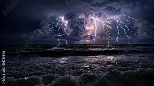Lightning Strike Over Stormy Ocean Waves at Night