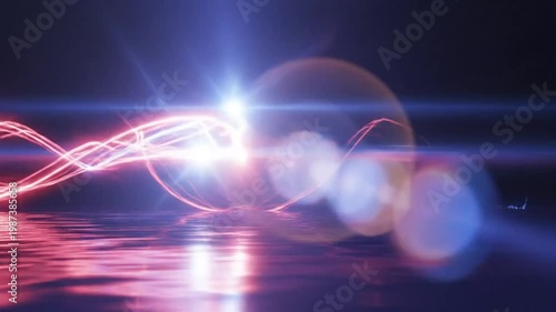Abstract Laser Light Show with Dynamic Red and Blue Beams and Reflections on Water Surface