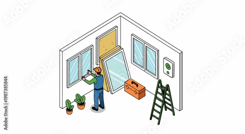 Isometric Illustration of a Professional Worker Installing New Energy-Efficient Windows for Home Renovation. Handyman or Contractor Repairing House Insulation and Glass.