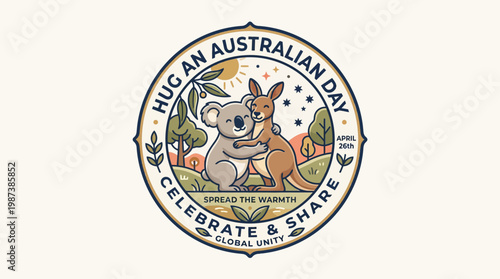 Hug an Australian Day Badge with Kangaroo and Koala Illustration