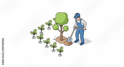 Isometric Illustration of a Gardener Planting a Tree and Saplings for Environmental Reforestation and Sustainability Concept