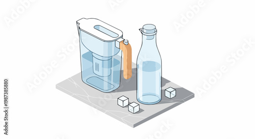 Isometric Water Filter Pitcher and Glass Carafe with Ice Cubes on Marble Base; Minimalist Vector Illustration for Hydration and Clean Water Concepts