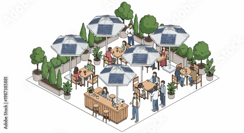Isometric Illustration of a Sustainable Outdoor Cafe with Solar Panel Umbrellas and Greenery