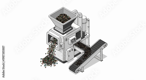 Isometric Industrial Processing Machine with Conveyor Belt and Colorful Material Output