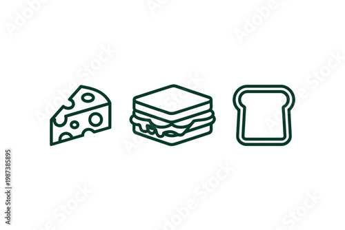 Simple line art depicts a cheese wedge a sandwich and slices of bread