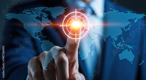 Global Business Strategy A Businessman's Touch on a World Map Target Interface for International Expansion and Market Penetration in the Digital Age