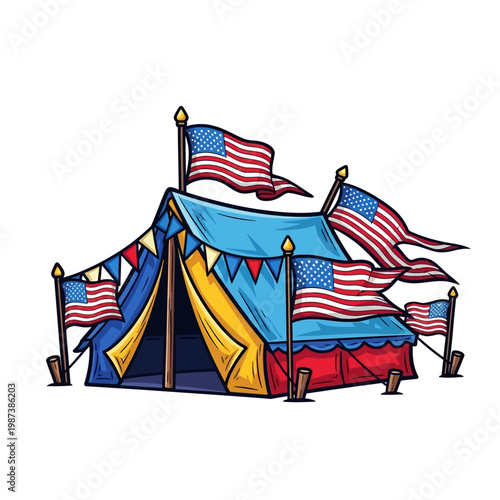 Patriotic festival tent decorated with American flags and bunting vector illustration for Independence Day celebration