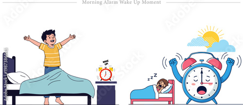 Morning Alarm Wake Up Moment Flat Vector Energized Rise Sleepy Resistance Illustration