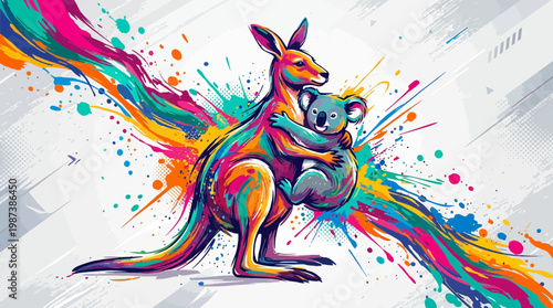 Vibrant Australian Kangaroo Hugging Koala Digital Illustration