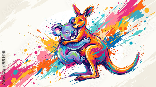 Colorful Kangaroo and Koala Hugging Illustration with Paint Splatter