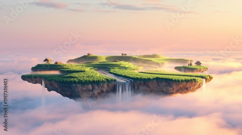 Floating Terraced Island Multi Waterfall Sunset