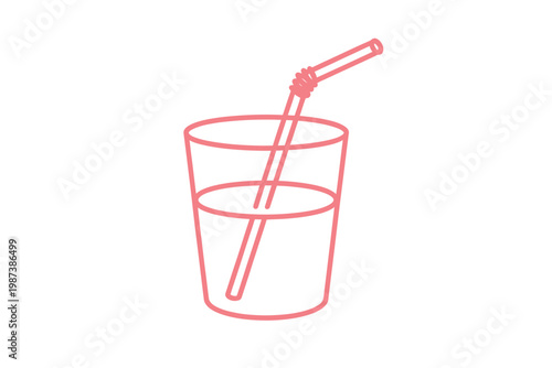 A simple line drawing depicts a red glass with liquid and a red straw inside