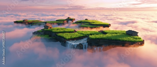 Multiple Floating Green Islands Waterfall Pink Sky