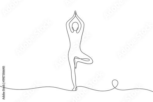A continuous line drawing depicts a woman in a tree pose embodying balance and serenity
