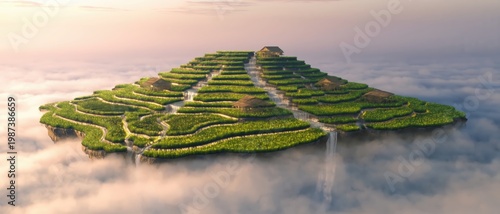 Pyramid Terraced Island Stone Paths Waterfalls