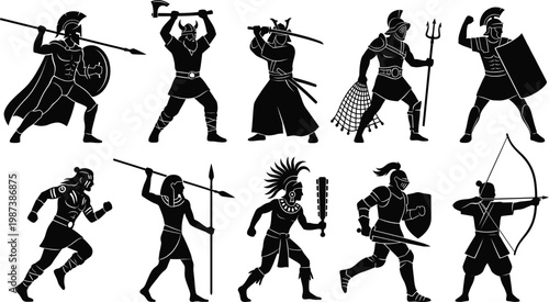 Ancient warriors silhouettes with diverse weapons and armors in dynamic poses