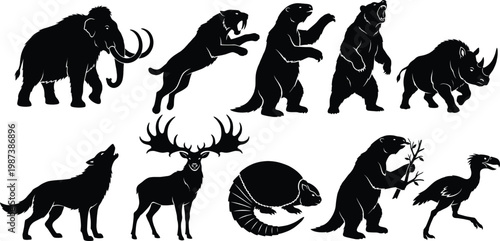 Silhouette illustrations of prehistoric and extinct animals. Ice age animals