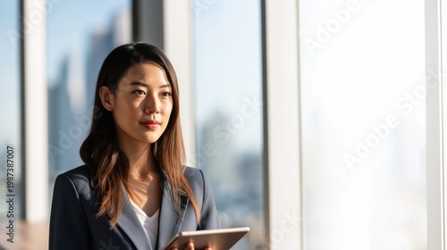 Asian Professional Woman Navy Blazer Tablet Thoughtful View