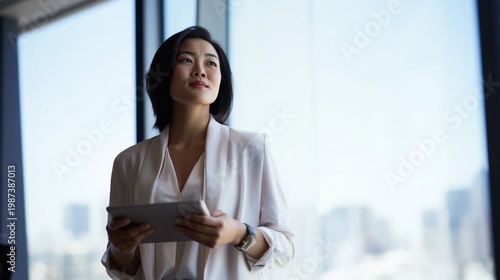 Ambitious Asian Woman White Blazer Tablet Looking Up Office