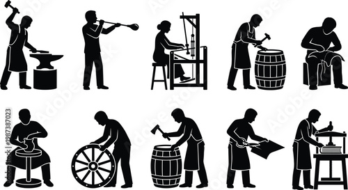 black and white silhouettes of artisans engaged in traditional craftwork and trades