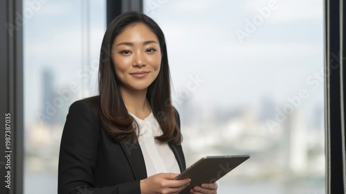 Asian Businesswoman Black Blazer Tablet Smiling Portrait