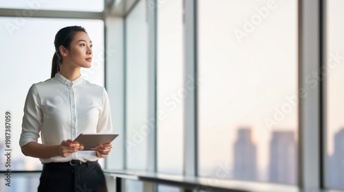 Poised Asian Woman White Blouse Tablet Gazing City Window