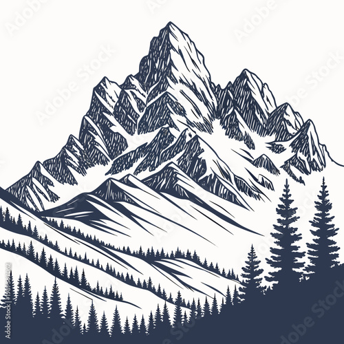 Tableau sur toile A detailed black and white illustration depicts a majestic mountain range with j