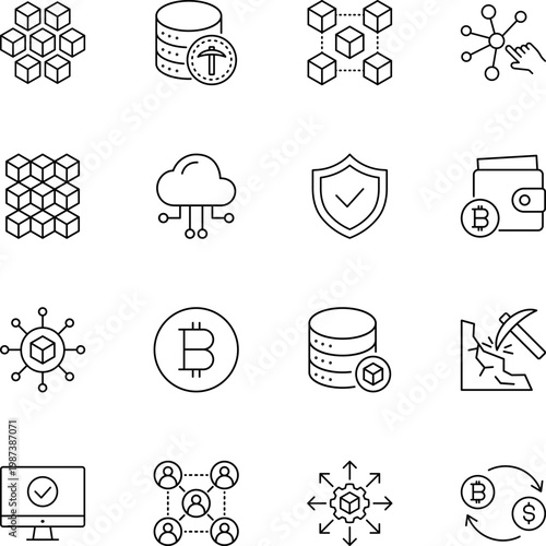 blockchain technology crypto icons finance, blockchain, bitcoin, cloud, wallet, shield, network, computer, mining