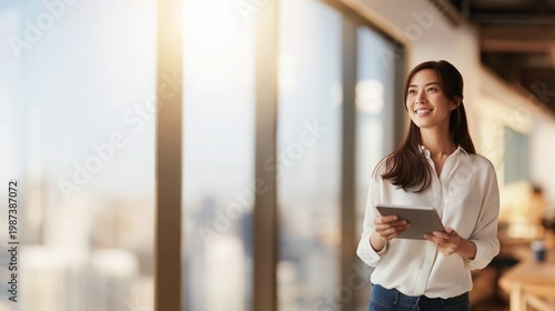 Happy Asian Professional Woman Tablet Warm Sunlit Office