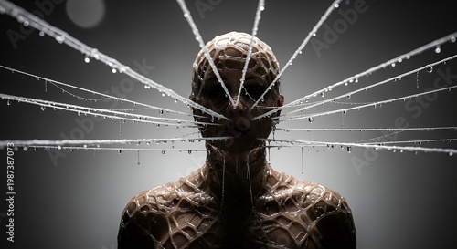 a figure covered in sticky threads pulling in all directions