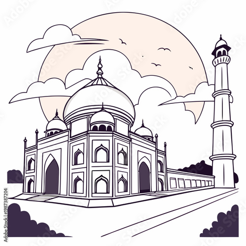 A stylized illustration depicts the taj mahal under a large circular pale orange sun and scattered clouds high quality professional detailed modern