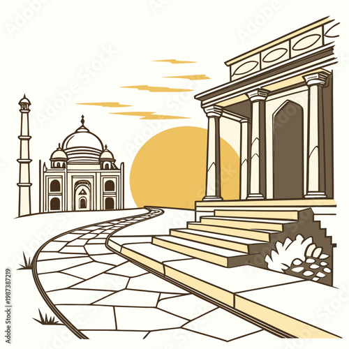 A stylized illustration depicts the taj mahal a winding pathway and a golden sunset evoking a sense of historical beauty high quality