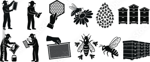 Beekeeping illustration showing beekeeper tools, bees, hives, and honeycomb frames