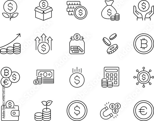 Money finance currency investment savings economy icons, dollar, coin, money bag, wallet, calculator, bitcoin, euro