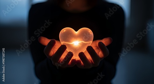 a person holding a dim glowing heart that is slowly fading