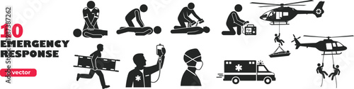 Emergency response team actions, rescue operations vector illustration