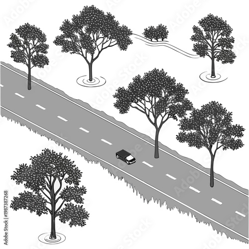 An isometric illustration depicts a winding gray road with a single car framed by stylized trees and grassy patches high quality professional