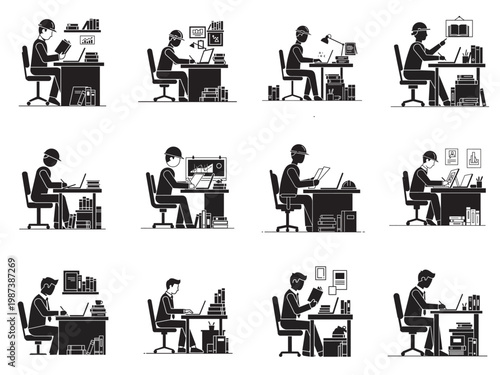 diverse professionals working at desks in modern office flat design illustration